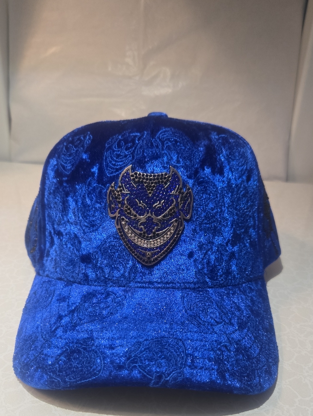Men's Royal Blue Velvet Cap with Metal Devil Emblem